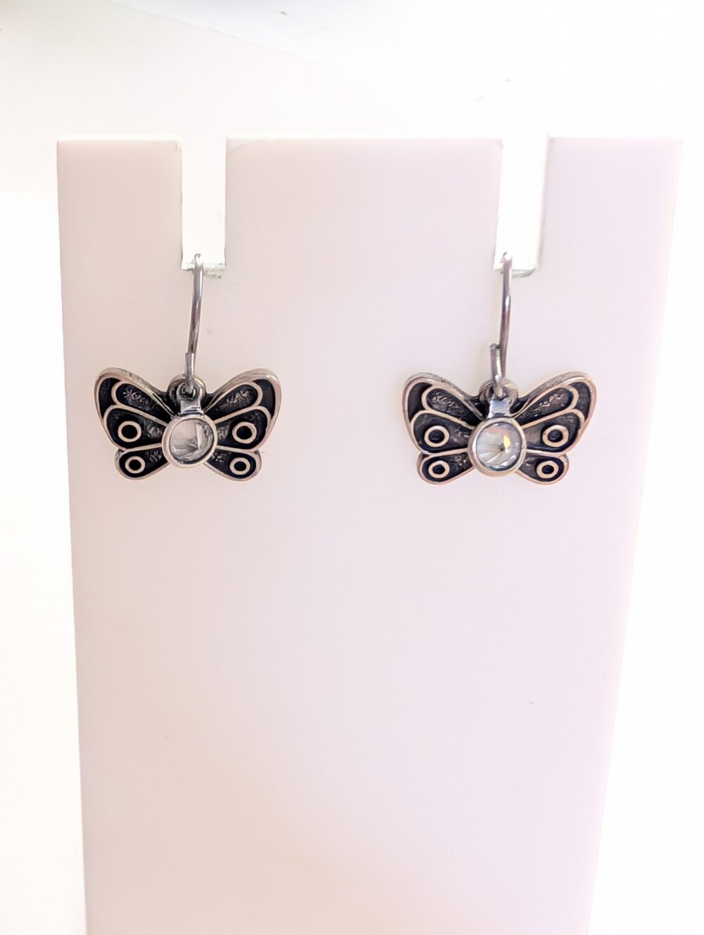 Vintage Y2K 2000s Silver Tone Butterfly Rivoli Gem Rhinestone Dainty Earrings